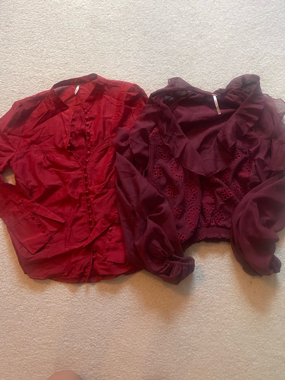 Free People Red and Burgundy Ruffled Blouses Duo